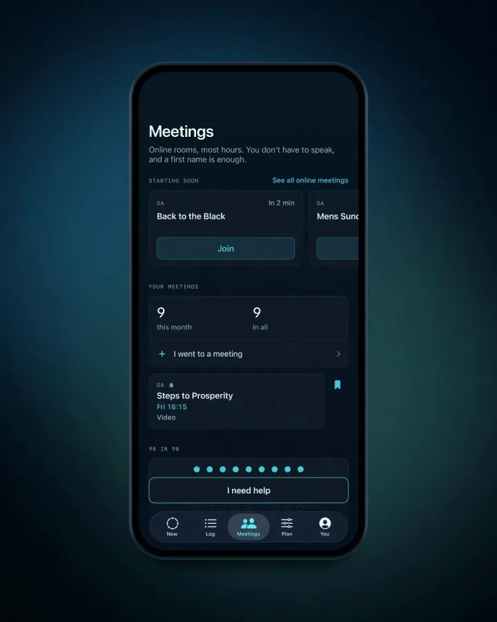 The Meetings screen on an iPhone: a meeting starting in two minutes with Join, your meetings this month, and I went to a meeting.