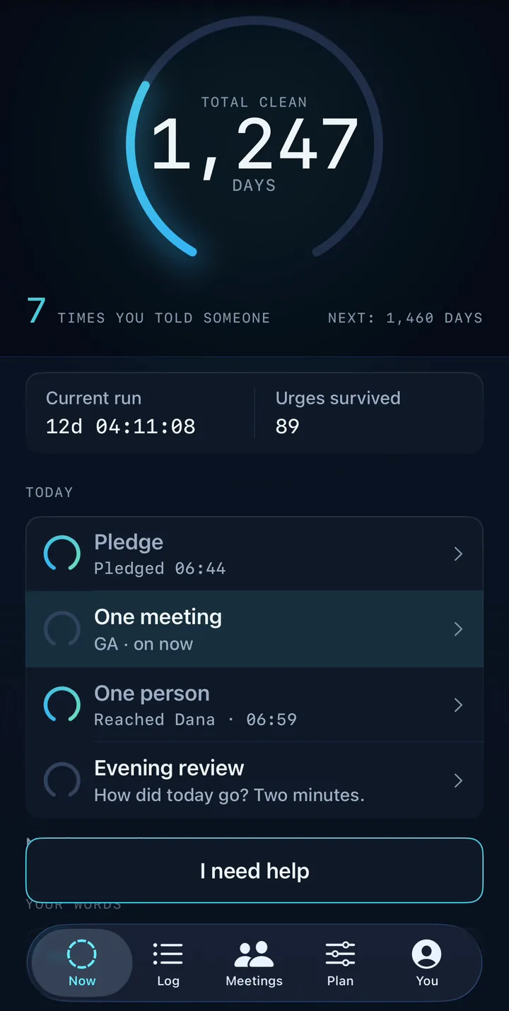 The Now screen, recorded in the app: the ring fills to 1,247 days, the current run ticks, and today’s pledge, meeting, person and evening review sit below.
