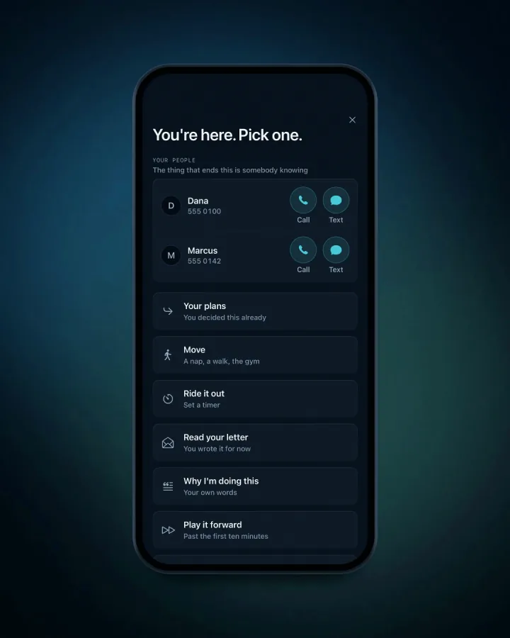 The panic screen on an iPhone: You’re here. Pick one. Your people with Call and Text, then your plans, Move, Ride it out, your letter and your reasons.